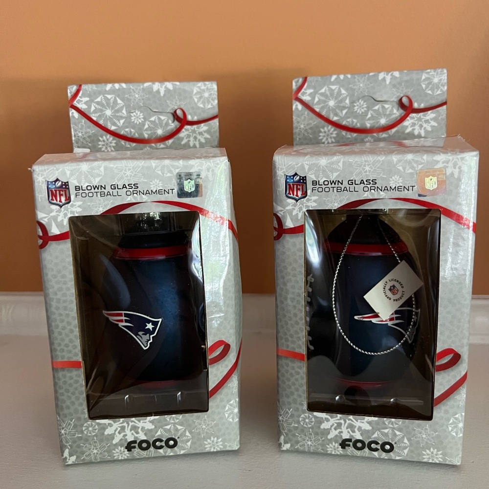 NFL Team New England Patriots Football Christmas Glass Ornament Set of 2